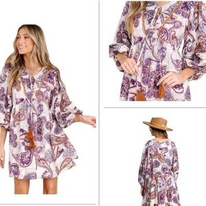 Band Of The Free Lyonette Paisley Boho Mini Dress Purple Small Tassel